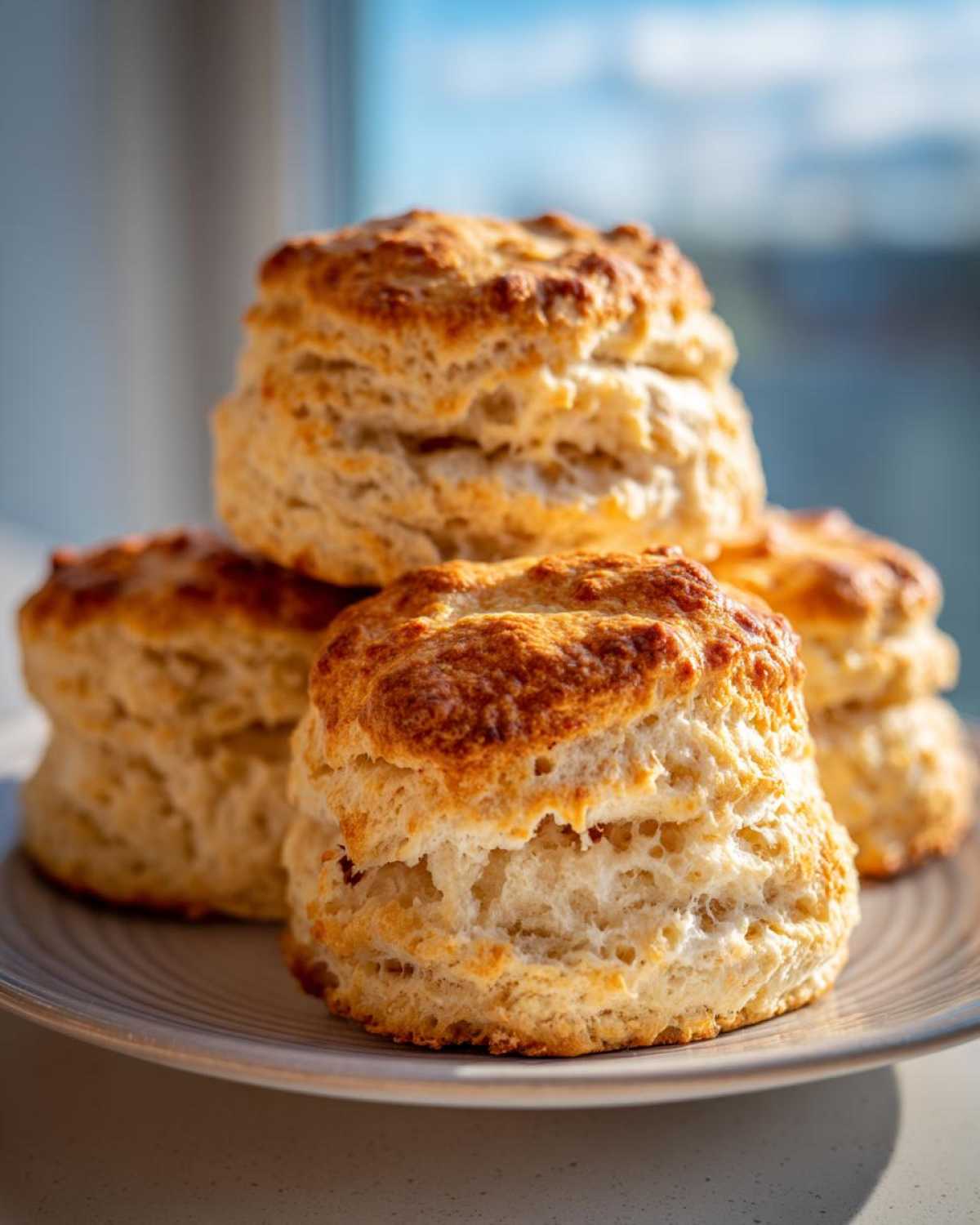 A close-up stack of four golden-brown, flaky Cream Scones resting on a light-colored plate near a window.