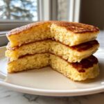 Close-up of three fluffy pancakes stacked, cut in half to show the light, airy interior texture of the pancakes.