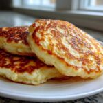 A close-up of three fluffy pancakes stacked on a white plate, showing golden brown, perfectly cooked surfaces.