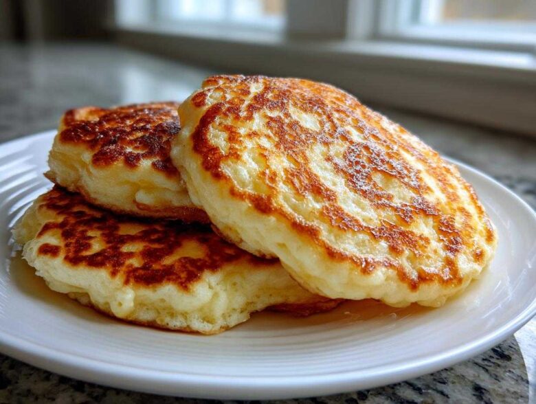 A close-up of three fluffy pancakes stacked on a white plate, showing golden brown, perfectly cooked surfaces.