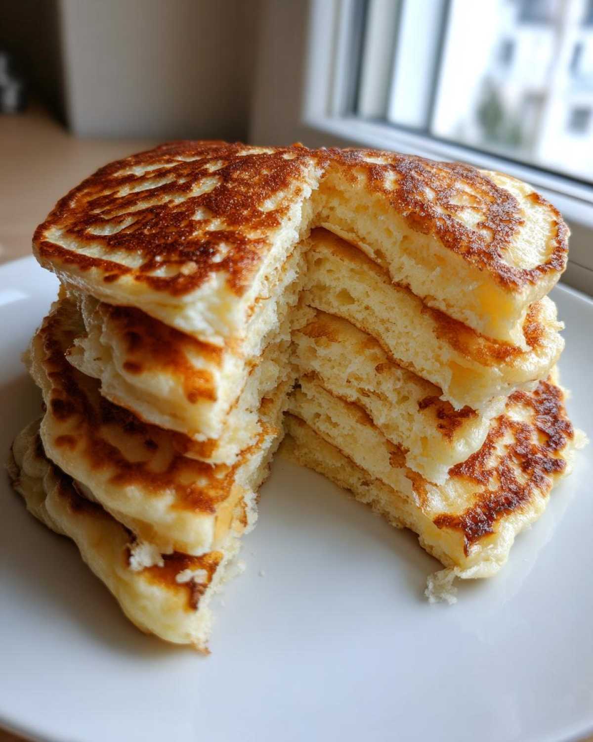 A tall stack of incredibly fluffy pancakes, cut to show the airy interior texture.
