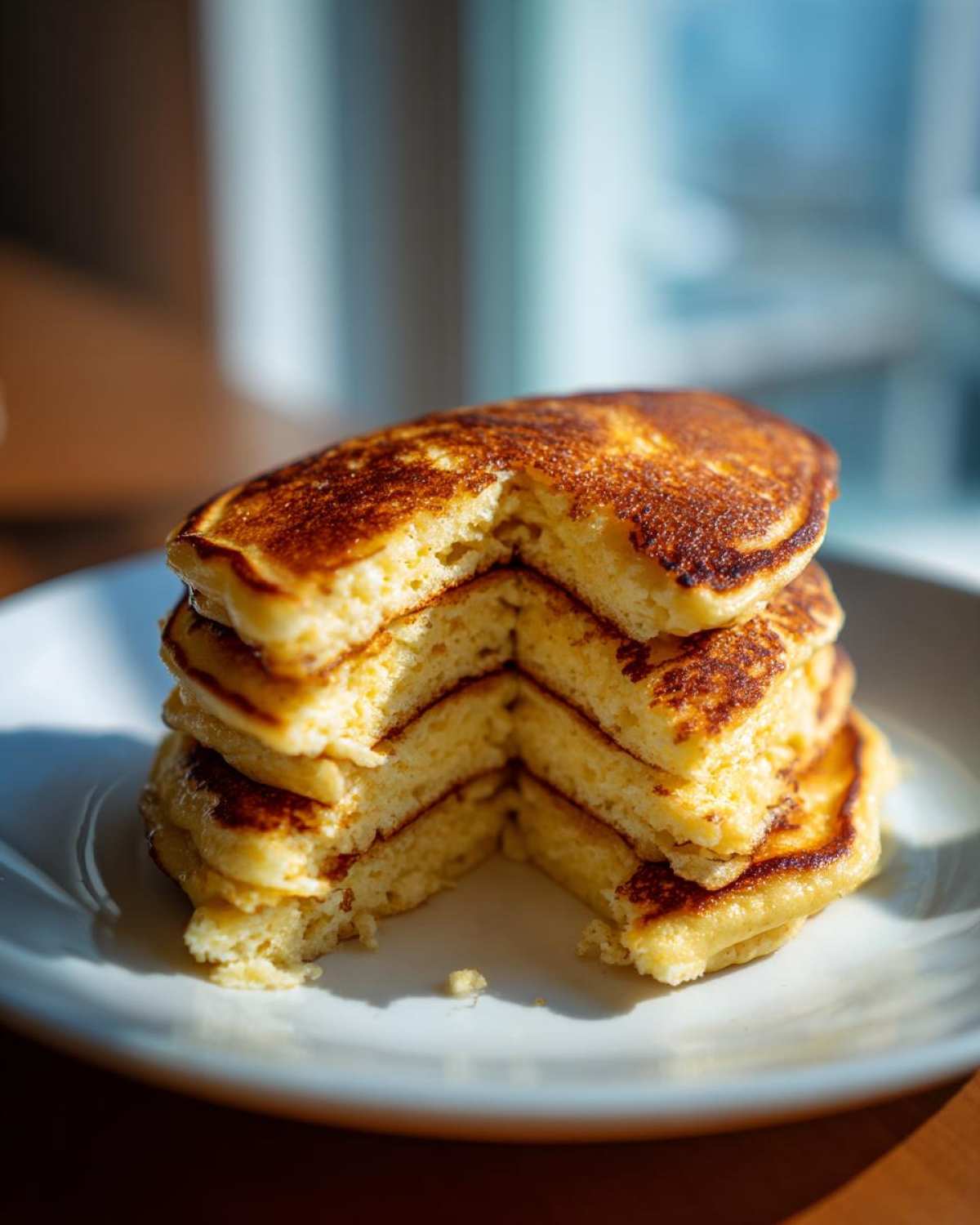 A tall stack of four fluffy pancakes, cut to show the airy interior texture, served on a white plate.
