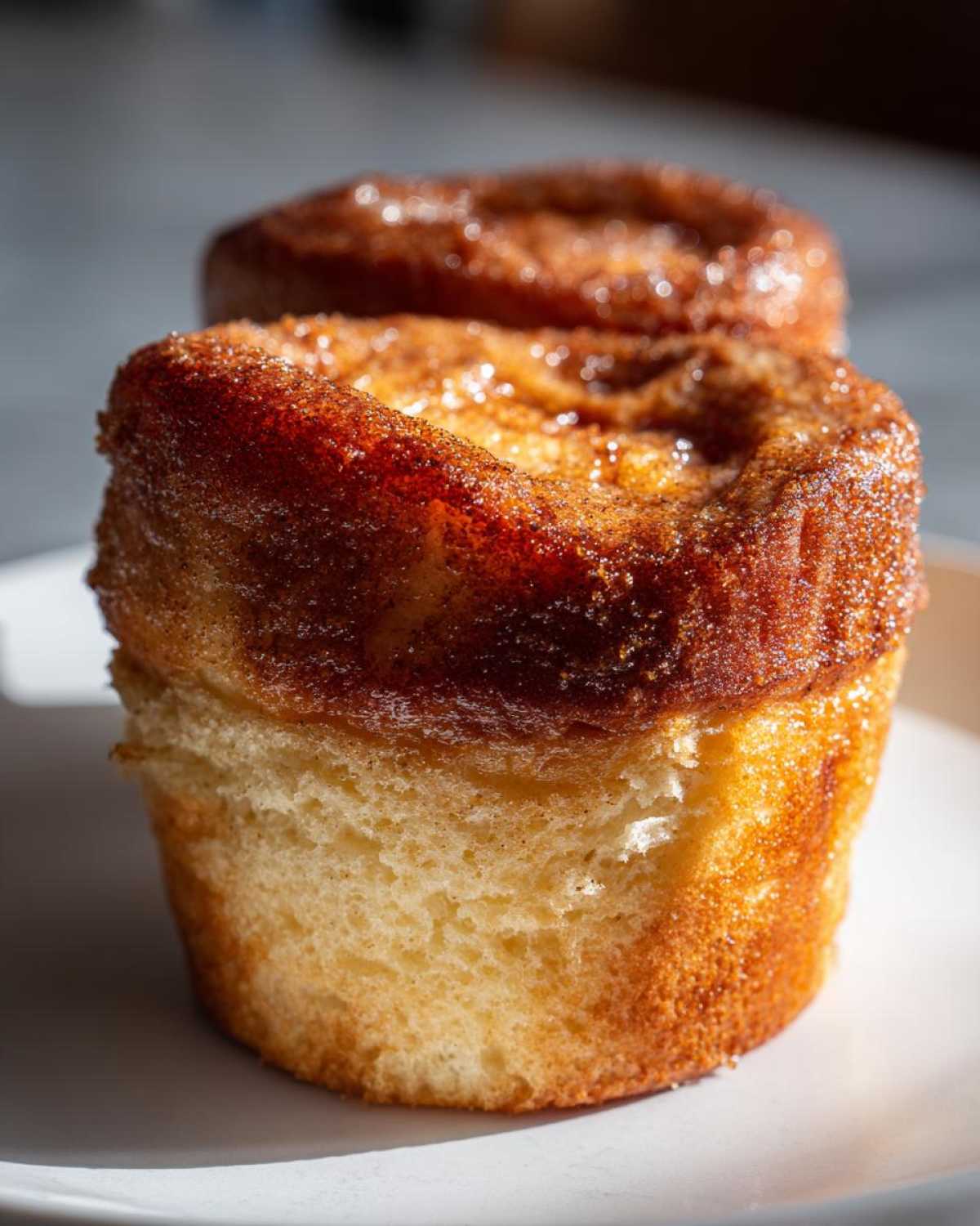 Close-up of a perfectly baked French Toast Muffin with a caramelized cinnamon sugar crust.