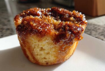 Close-up of a single, golden French Toast Muffin with a thick, sticky, caramelized pecan topping.