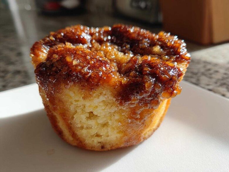 Close-up of a single, golden French Toast Muffin with a thick, sticky, caramelized pecan topping.