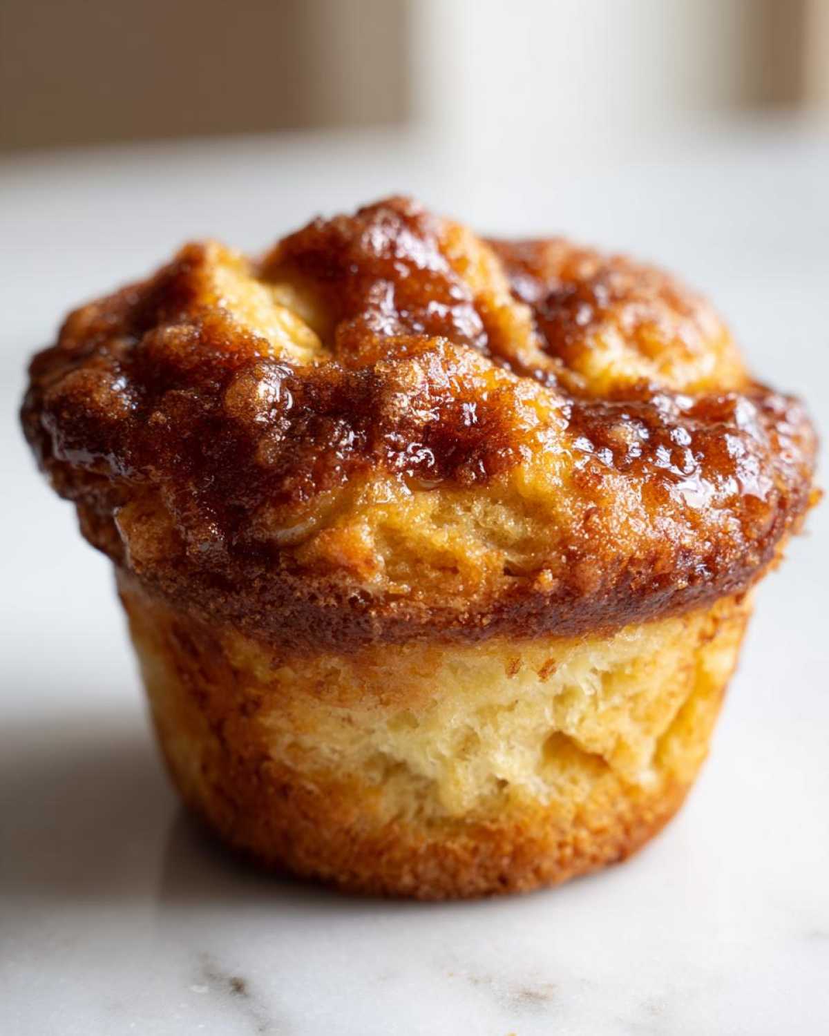 Close-up of a golden-brown French Toast Muffin with a shiny, caramelized sugar topping.