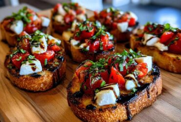 Several pieces of Fresh Caprese Crostini topped with mozzarella, tomatoes, basil, and balsamic glaze on a wooden cutting board.