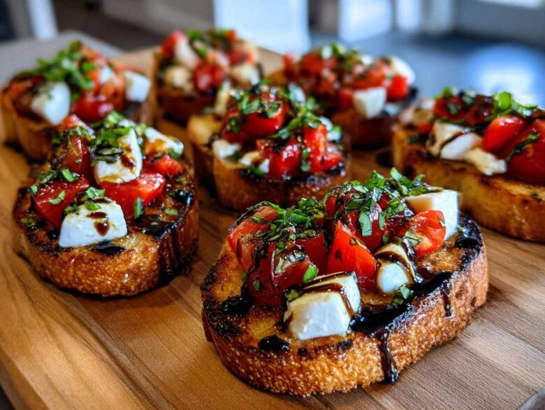 Several pieces of Fresh Caprese Crostini topped with mozzarella, tomatoes, basil, and balsamic glaze on a wooden cutting board.