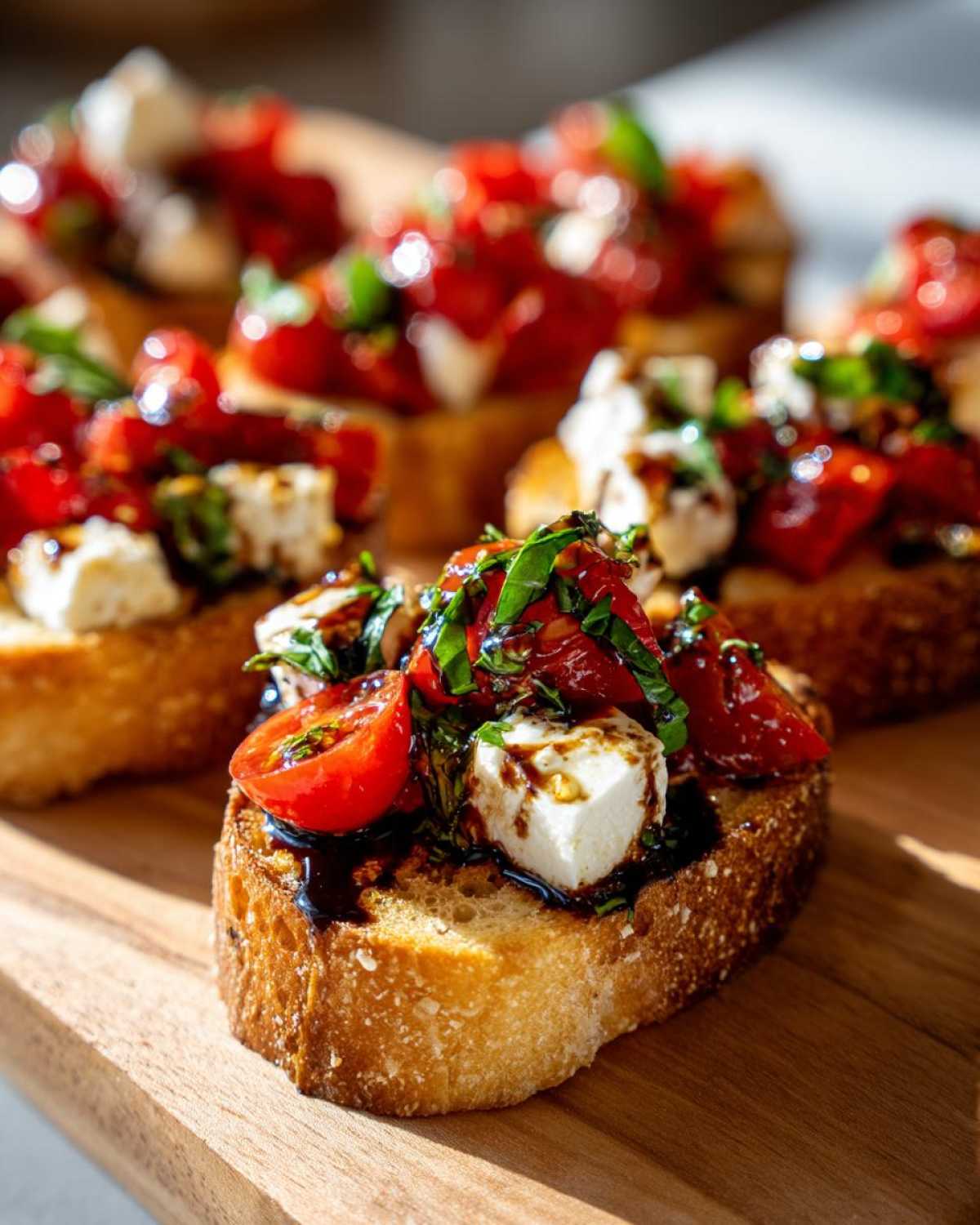 Close-up of a piece of Fresh Caprese Crostini topped with mozzarella, cherry tomatoes, basil, and balsamic glaze on a wooden board.