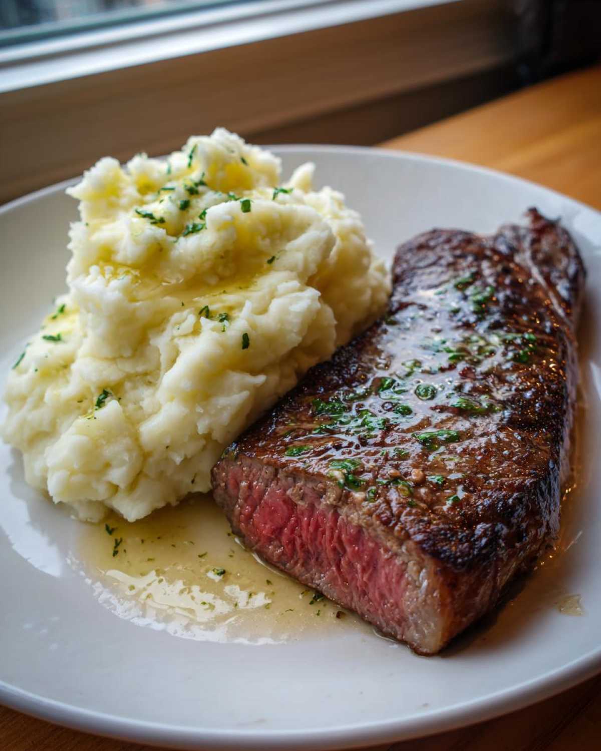 Perfectly cooked medium-rare Garlic Butter Steak served next to a generous portion of creamy mash potatoes.