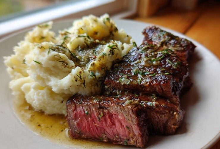 Perfectly cooked Garlic Butter Steak with Creamy Mash, showing a medium-rare center and herb butter sauce.