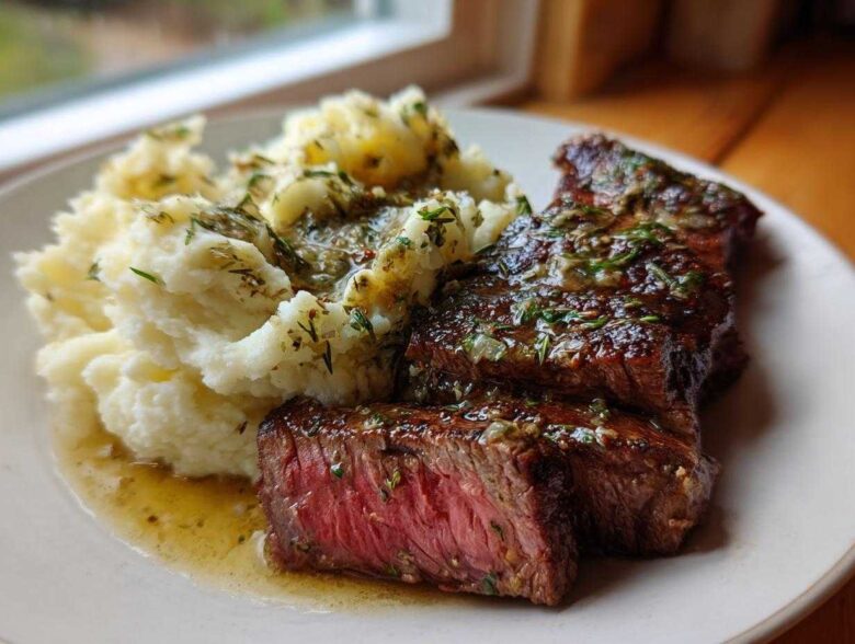 Perfectly cooked Garlic Butter Steak with Creamy Mash, showing a medium-rare center and herb butter sauce.