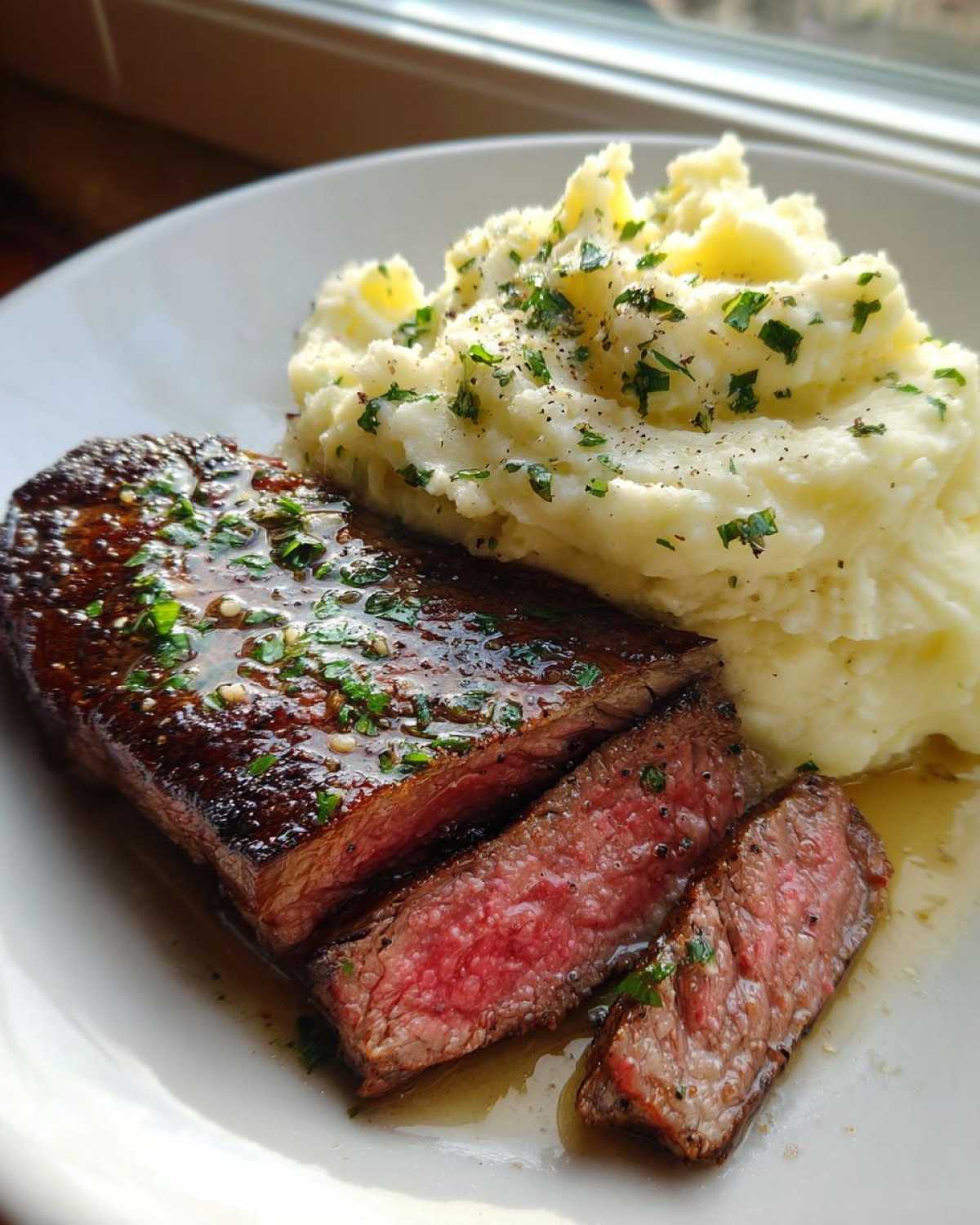 Perfectly cooked Garlic Butter Steak with Creamy Mash, sliced to show medium-rare center.