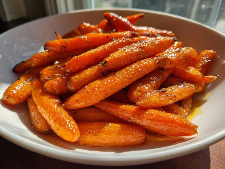 Close-up of bright orange Glazed Honey Garlic Butter Roasted Carrots piled high in a white serving bowl.