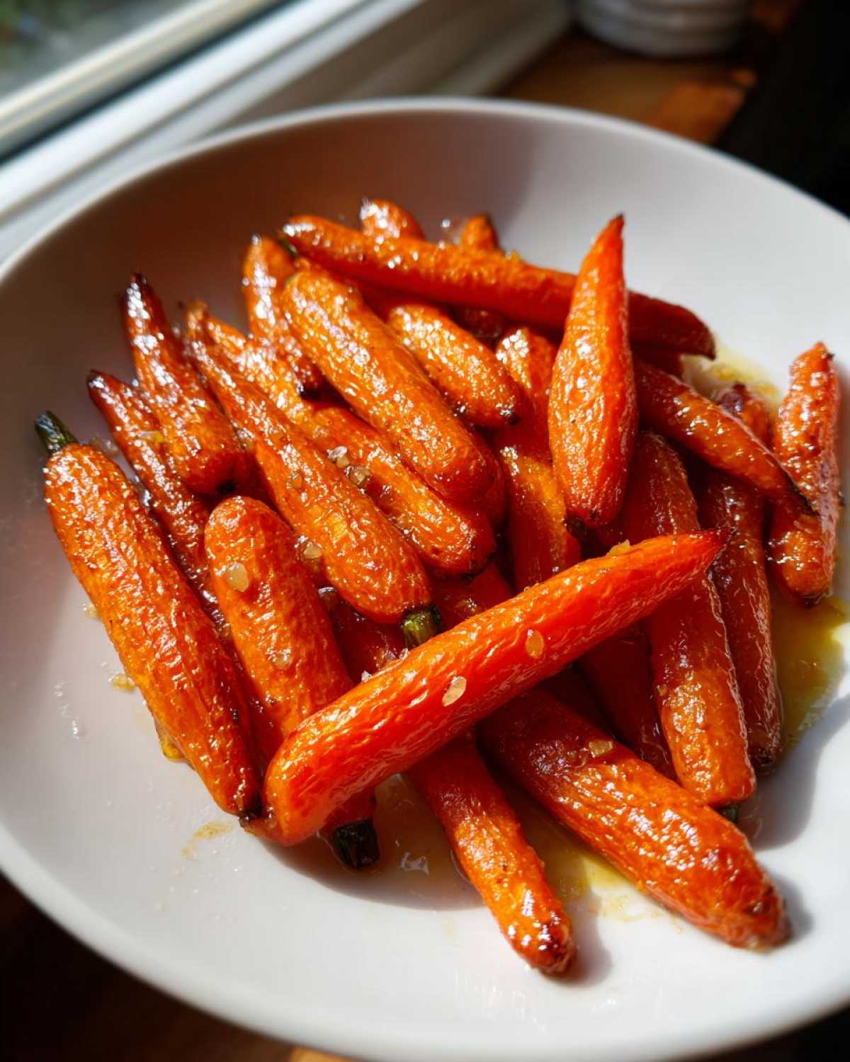 Close-up of vibrant orange Glazed Honey Garlic Butter Roasted Carrots piled in a white bowl, glistening with glaze.