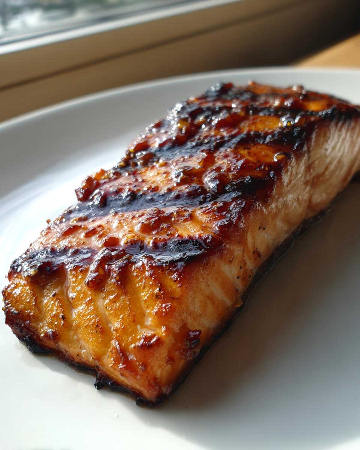 Close-up of a perfectly grilled salmon fillet coated in a dark, shiny glaze from the Salmon Marinade for Grilled Dinner.