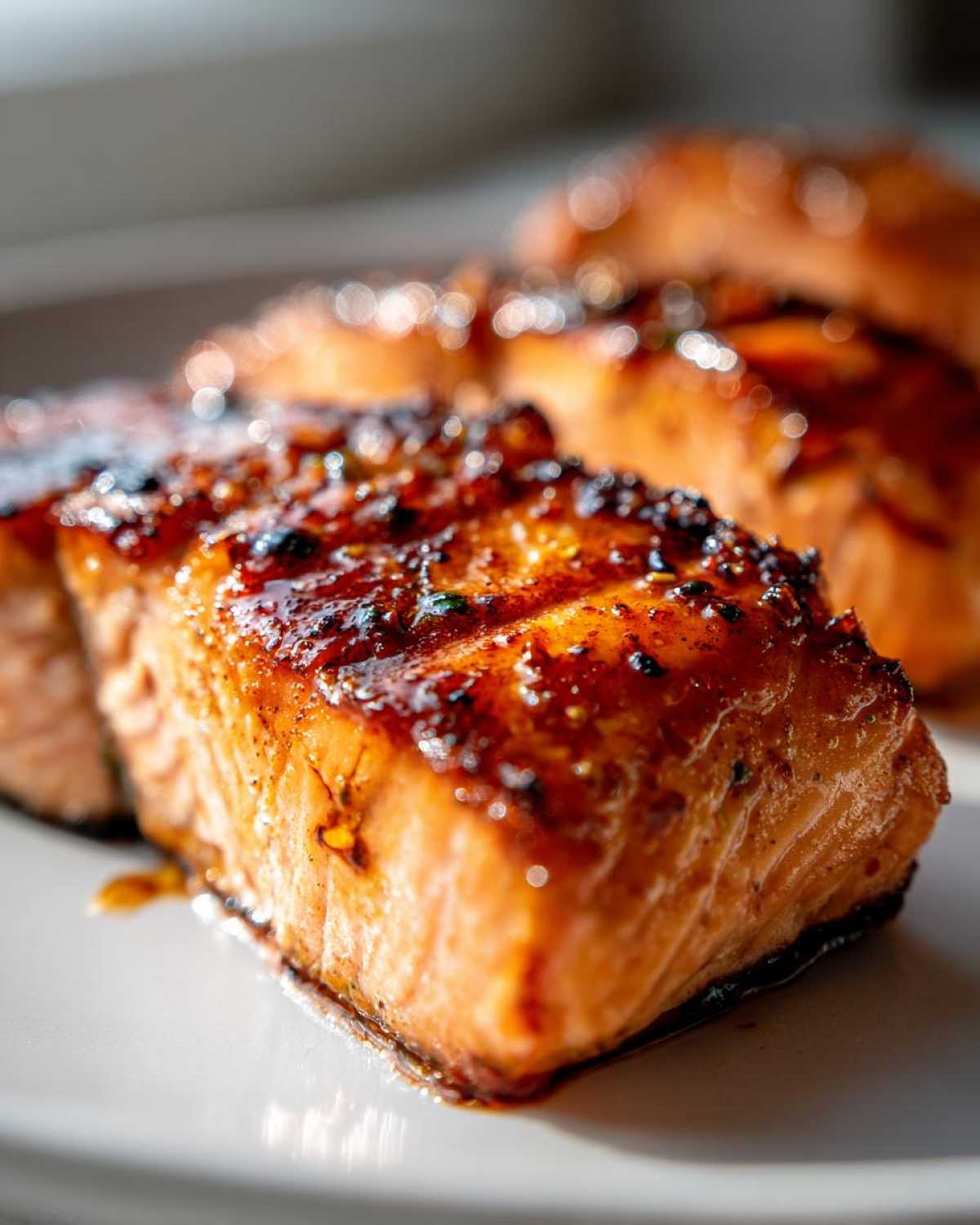 Close-up of a perfectly grilled salmon fillet coated in a sticky, dark glaze, ready for a grilled dinner.