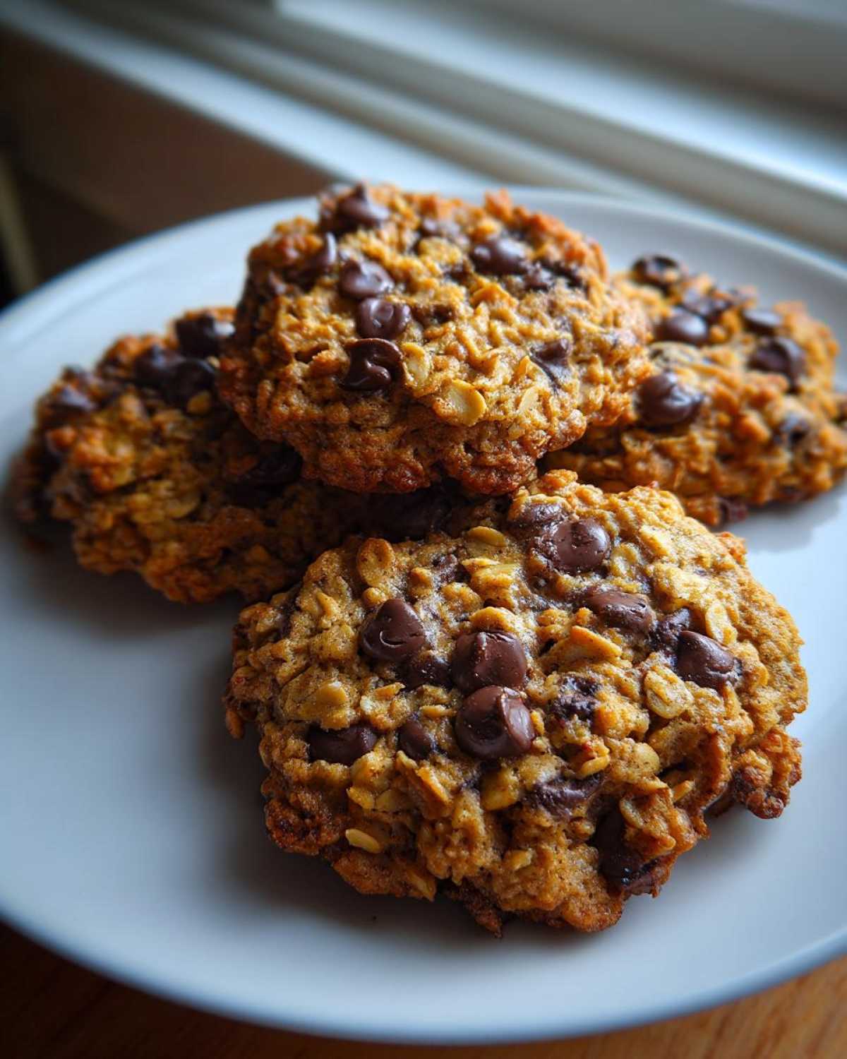 A stack of four chewy oatmeal Go Bananas Cookies loaded with melted chocolate chips on a light blue plate.