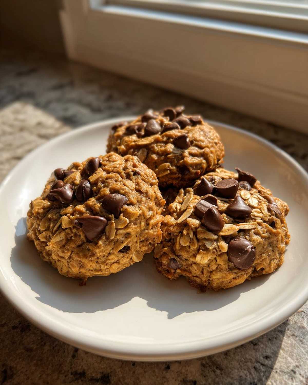 Three freshly baked Go Bananas Cookies studded with chocolate chips and oats, resting on a white plate.