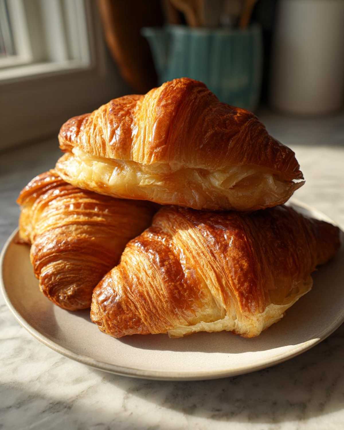 Three golden brown, flaky Baked Ham and Cheese Croissants stacked on a light ceramic plate.