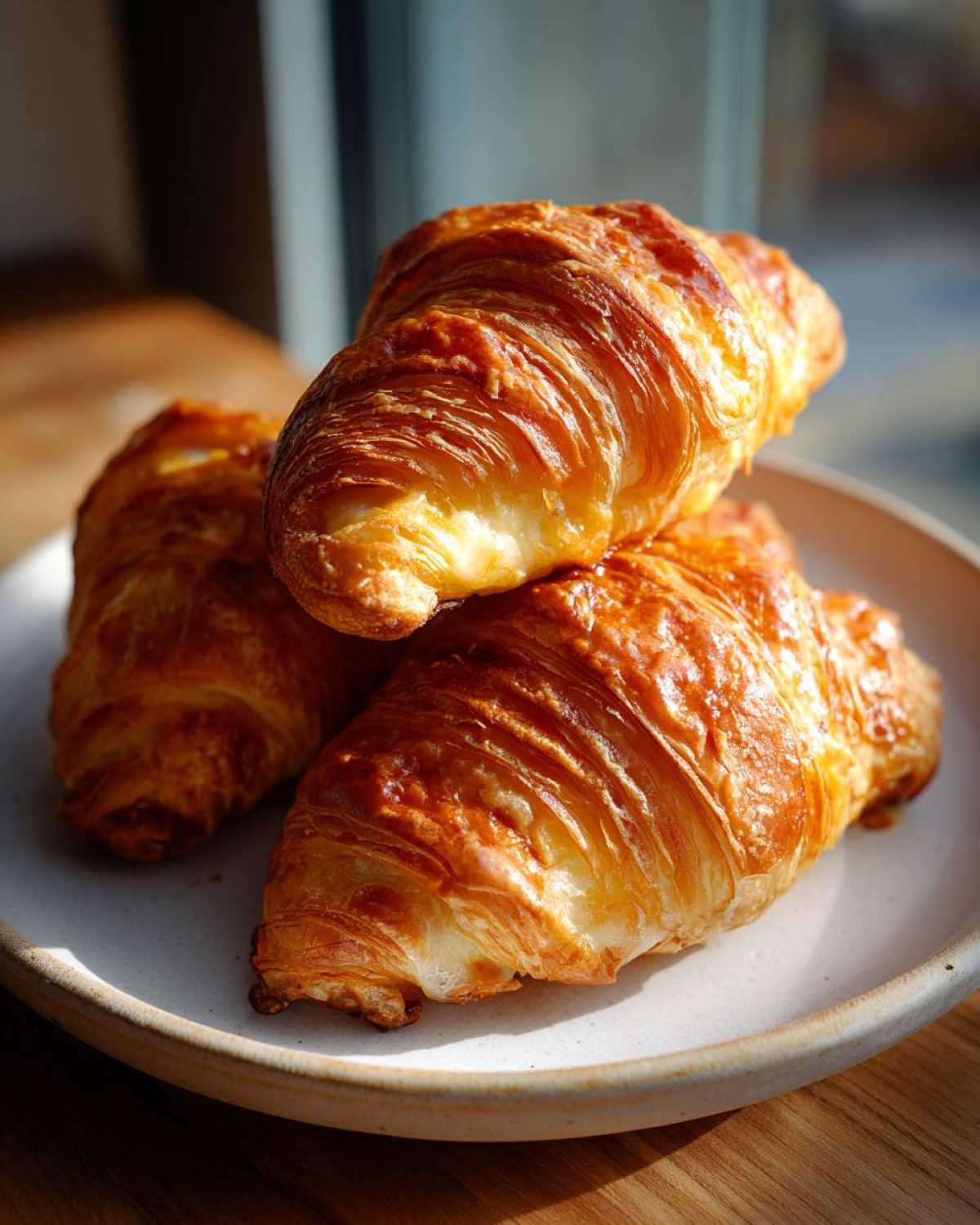 Three golden brown, flaky Baked Ham and Cheese Croissants stacked on a light ceramic plate.