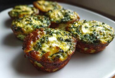 A close-up of several golden brown Breakfast Mini Quiches, featuring visible spinach and white cheese chunks, served on a white plate.