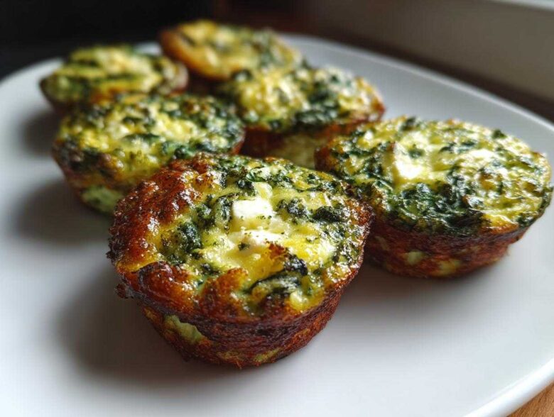 A close-up of several golden brown Breakfast Mini Quiches, featuring visible spinach and white cheese chunks, served on a white plate.
