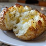 A fluffy, split Gordon Ramsay Baked Potatoes seasoned with pepper and drizzled with butter on a white plate.