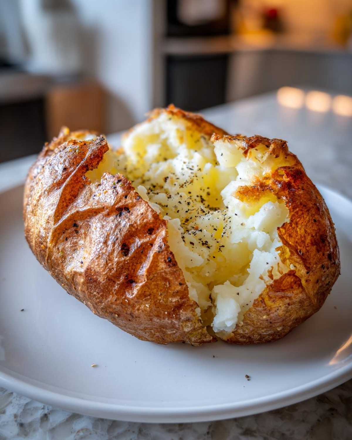 A perfectly cooked Gordon Ramsay Baked Potatoes, split open to reveal fluffy interior seasoned with black pepper.