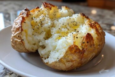 A fluffy, split Gordon Ramsay Baked Potatoes seasoned with pepper and drizzled with butter on a white plate.