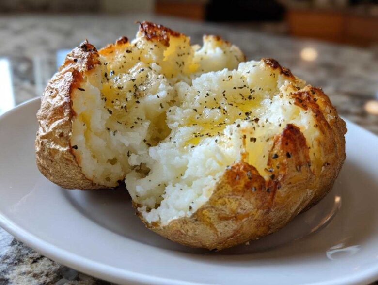 A fluffy, split Gordon Ramsay Baked Potatoes seasoned with pepper and drizzled with butter on a white plate.