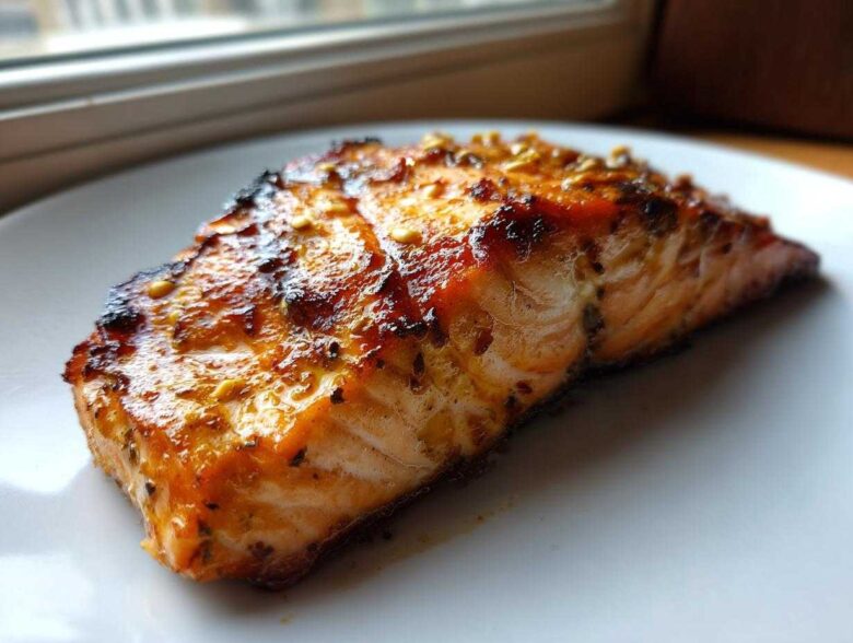 Close-up of a perfectly grilled salmon fillet coated in a shiny, caramelized Salmon Marinade for Grilled Dinner.