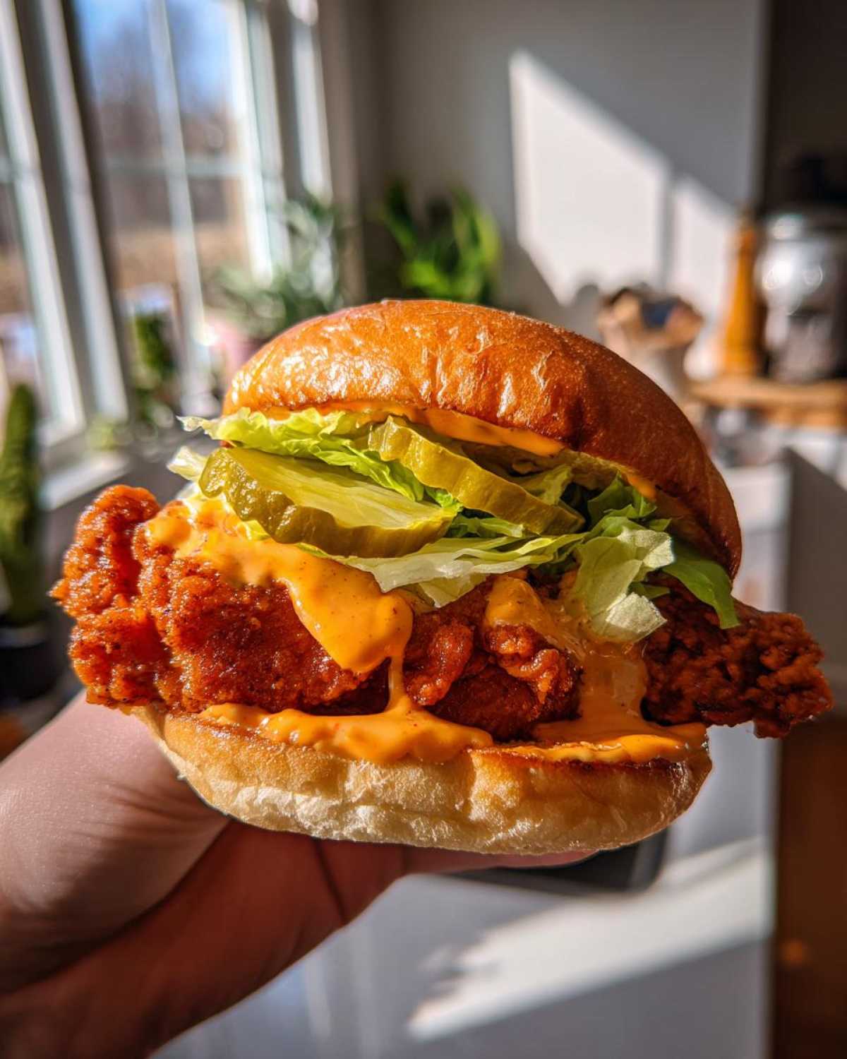 A hand holds a delicious Crispy Chicken Sandwich featuring a thick, spicy fried fillet, pickles, lettuce, and dripping orange sauce on a brioche bun.