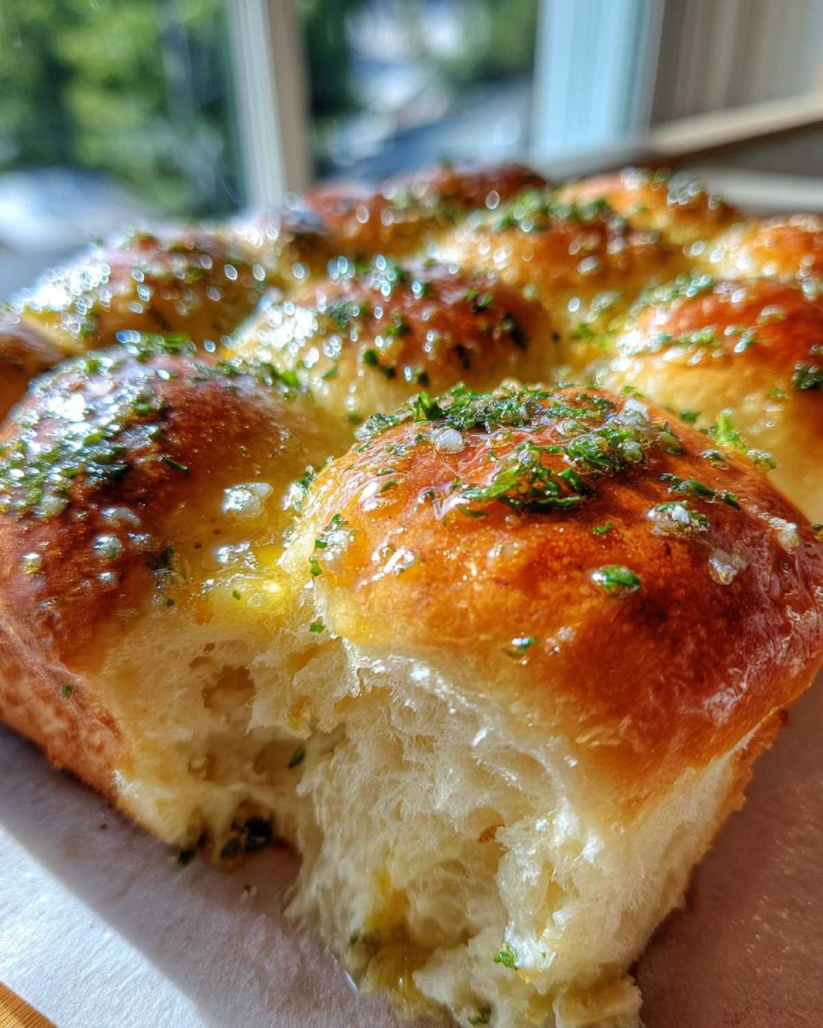 A close-up shot showing the soft, fluffy interior of a piece of Hawaiian Roll Garlic Bread, glistening with butter and topped with parsley.