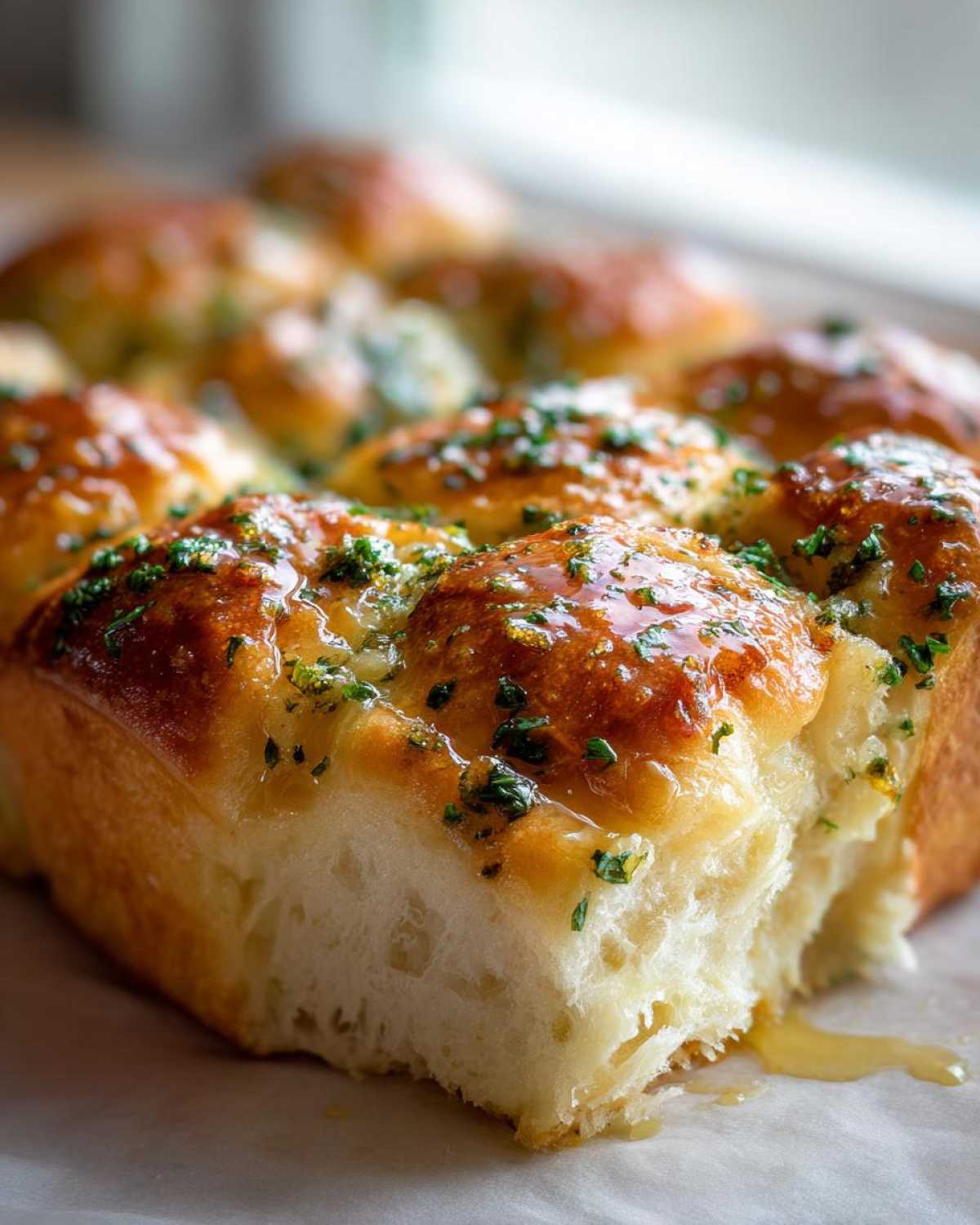 Close-up of freshly baked Hawaiian Roll Garlic Bread, glistening with butter and topped with fresh parsley.