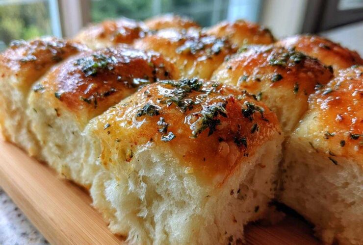 A close-up of freshly baked Hawaiian Roll Garlic Bread, glistening with butter and sprinkled with parsley.