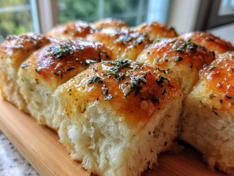 A close-up of freshly baked Hawaiian Roll Garlic Bread, glistening with butter and sprinkled with parsley.