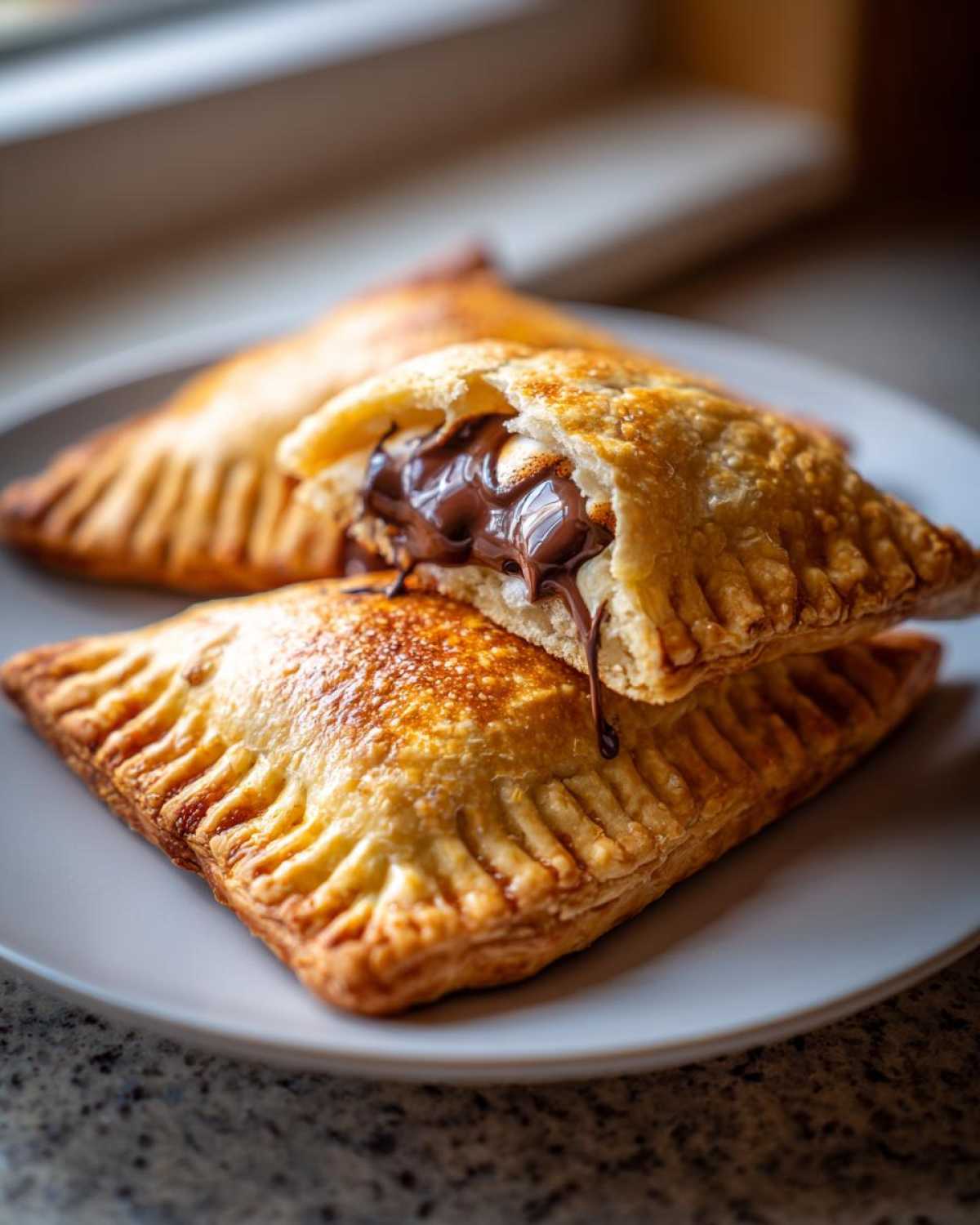 Close-up of Indulgent Smores Hand Pies, one cut open revealing gooey melted chocolate and marshmallow filling.