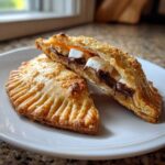 Two halves of a golden-brown, flaky pastry filled with melted chocolate and gooey marshmallows, showcasing the inside of the Indulgent Smores Hand Pies.