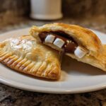 Two golden-brown Indulgent Smores Hand Pies on a white plate, one cut open showing melted chocolate and marshmallows.