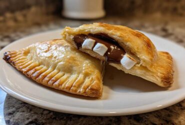 Two golden-brown Indulgent Smores Hand Pies on a white plate, one cut open showing melted chocolate and marshmallows.