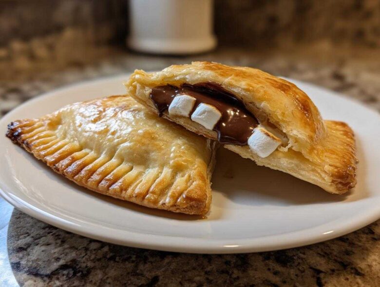 Two golden-brown Indulgent Smores Hand Pies on a white plate, one cut open showing melted chocolate and marshmallows.