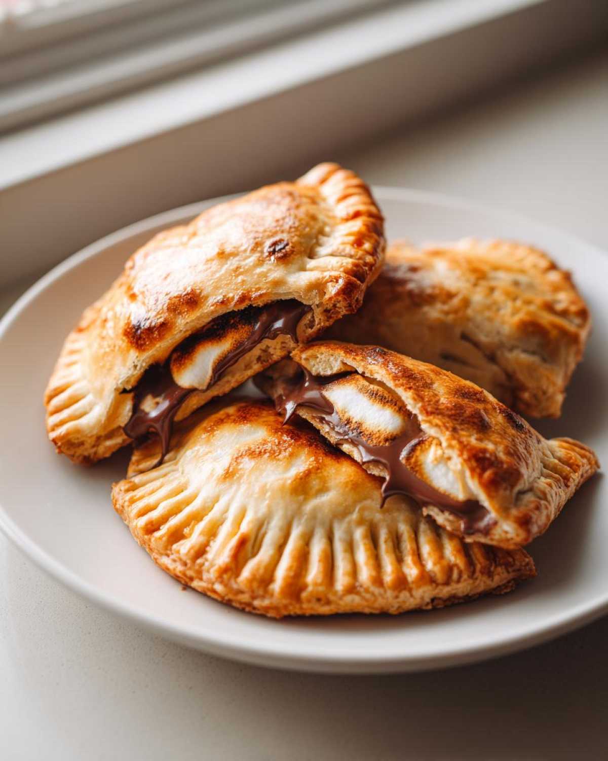 Close-up of three golden-brown Indulgent Smores Hand Pies, one cut open revealing melted chocolate and marshmallow.