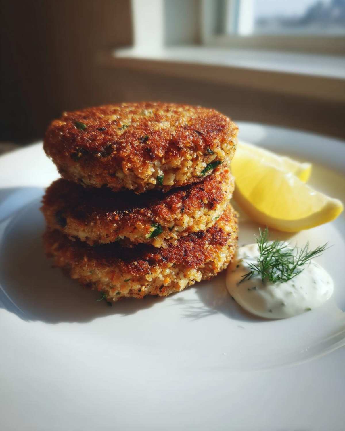 A stack of three golden-brown, crispy Irresistible Salmon Patties served with lemon wedges and a dollop of creamy dill sauce.