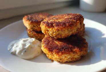 A stack of three golden brown, pan-fried Irresistible Salmon Patties served with a dollop of creamy white dipping sauce.