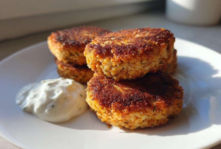 A stack of three golden brown, pan-fried Irresistible Salmon Patties served with a dollop of creamy white dipping sauce.