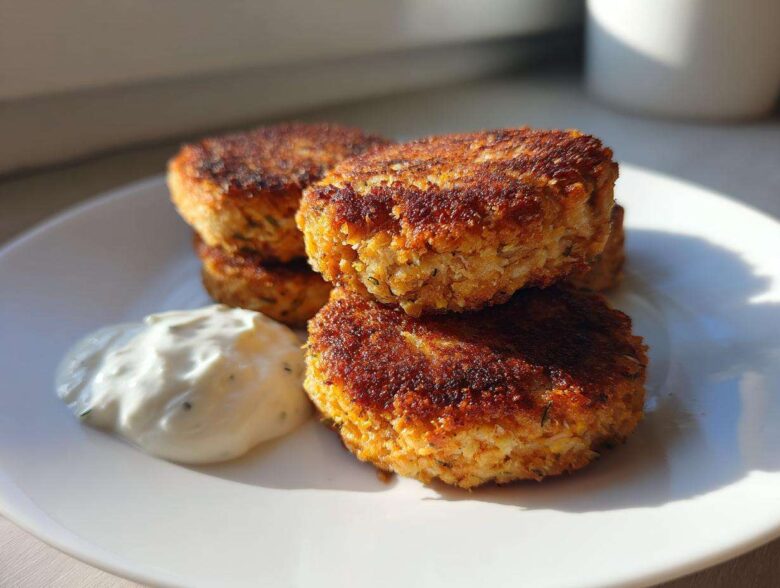 A stack of three golden brown, pan-fried Irresistible Salmon Patties served with a dollop of creamy white dipping sauce.