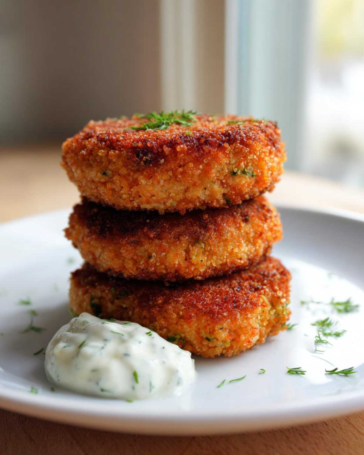 Three perfectly browned, crispy Irresistible Salmon Patties stacked on a white plate next to a dollop of creamy dill sauce.