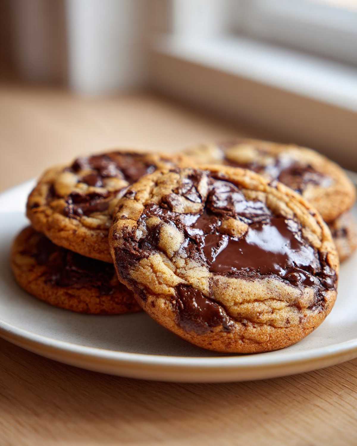 Close-up of several Irresistible Sourdough Chocolate Chip Cookies with gooey, melted chocolate pools on a light plate.