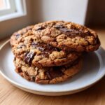 A stack of three gooey Irresistible Sourdough Chocolate Chip Cookies piled on a light ceramic plate.
